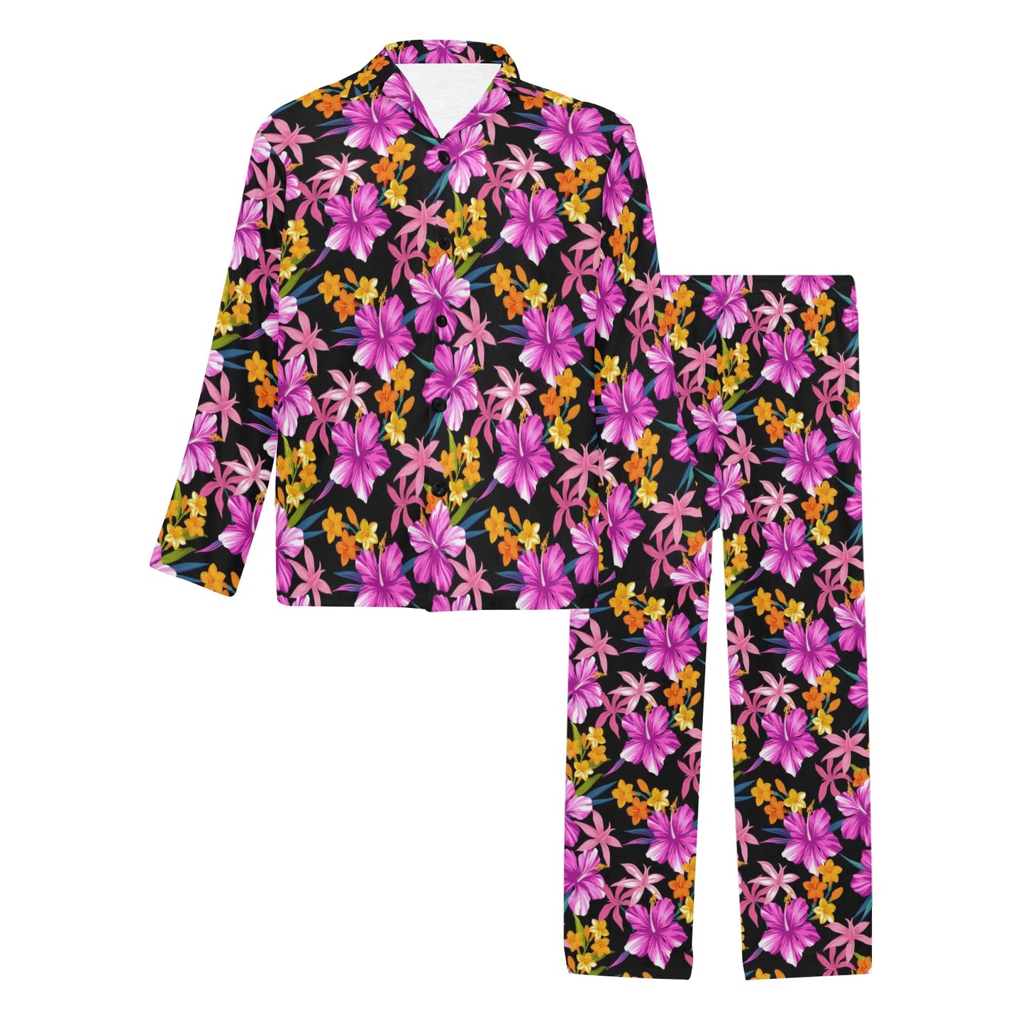 Tropical Folower Pink Hibiscus Print Men's Long Pajama Set