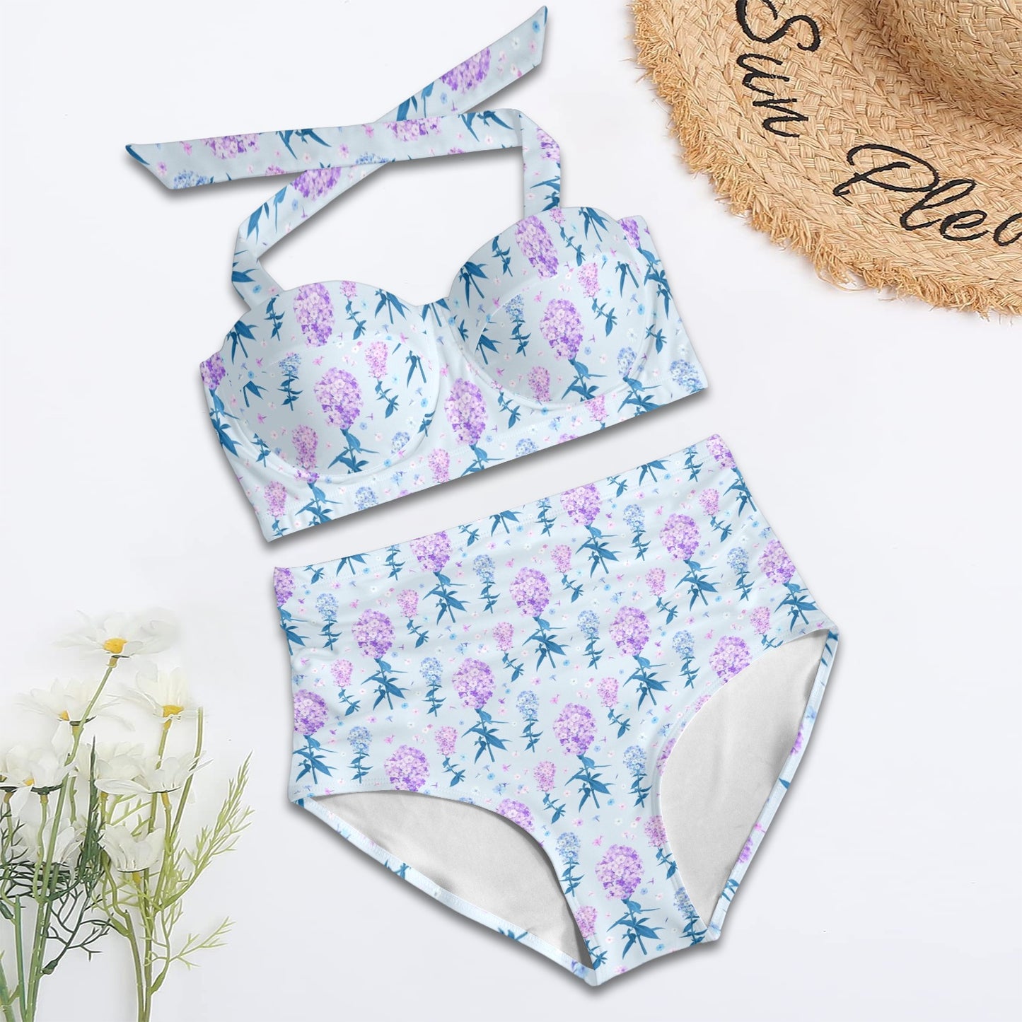 Lilac Pattern Print Design LI05 Halter Neck Bikini Swimsuit