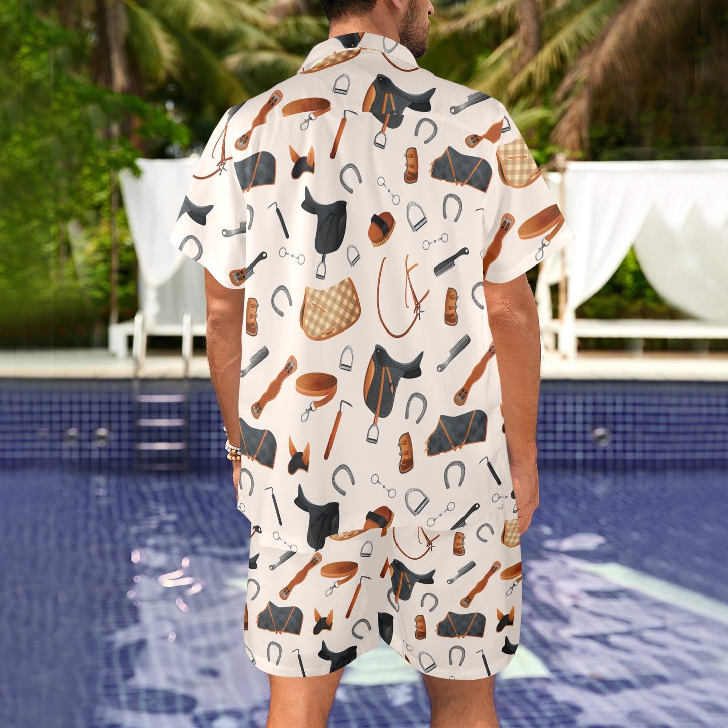 Equestrian Equipment Print Pattern Men's Beach Shirt and Shorts Set