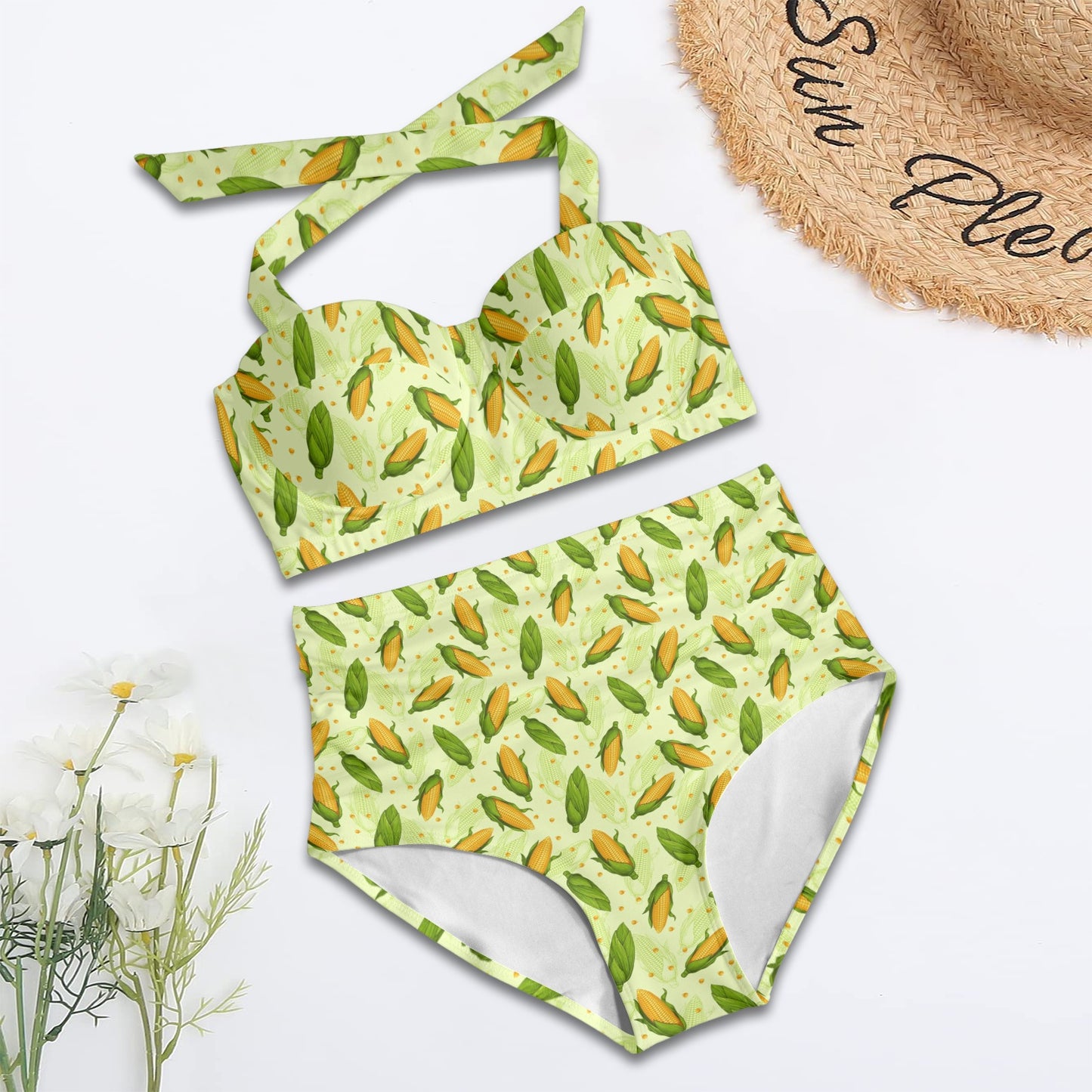 Agricultural Fresh Corn cob Print Pattern Halter Neck Bikini Swimsuit