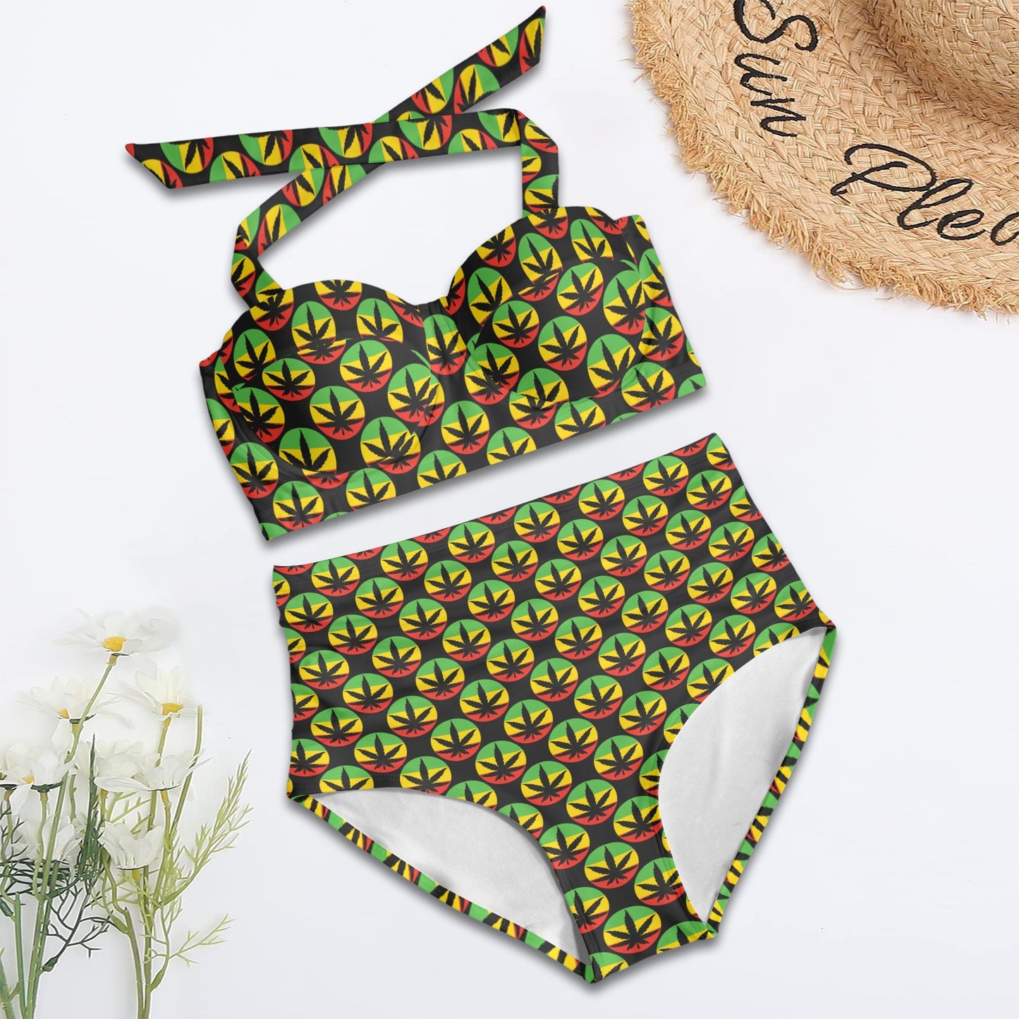 Rasta Reggae Color Design Halter Neck Bikini Swimsuit