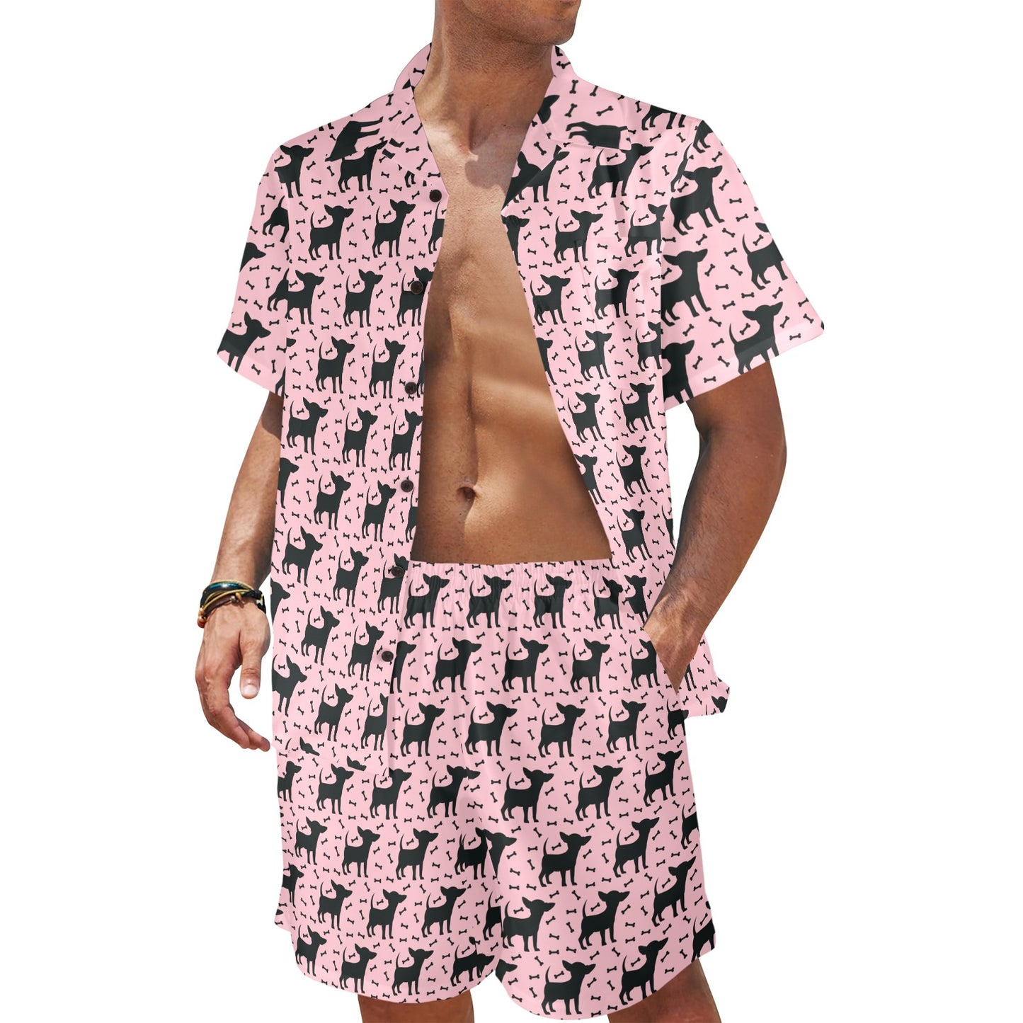 Chihuahua Pink Print Pattern Men's Beach Shirt and Shorts Set