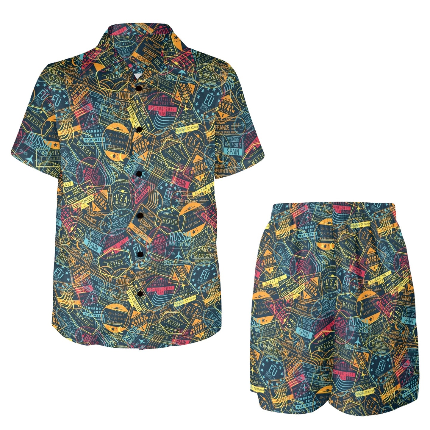Travel Stamp Print Design LKS301 Men's Beach Shirt and Shorts Set