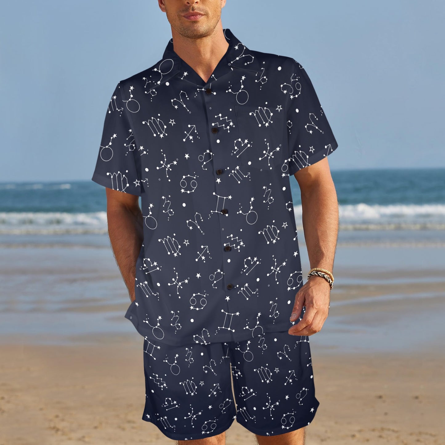 Constellation Pattern Print Design 05 Men's Beach Shirt and Shorts Set