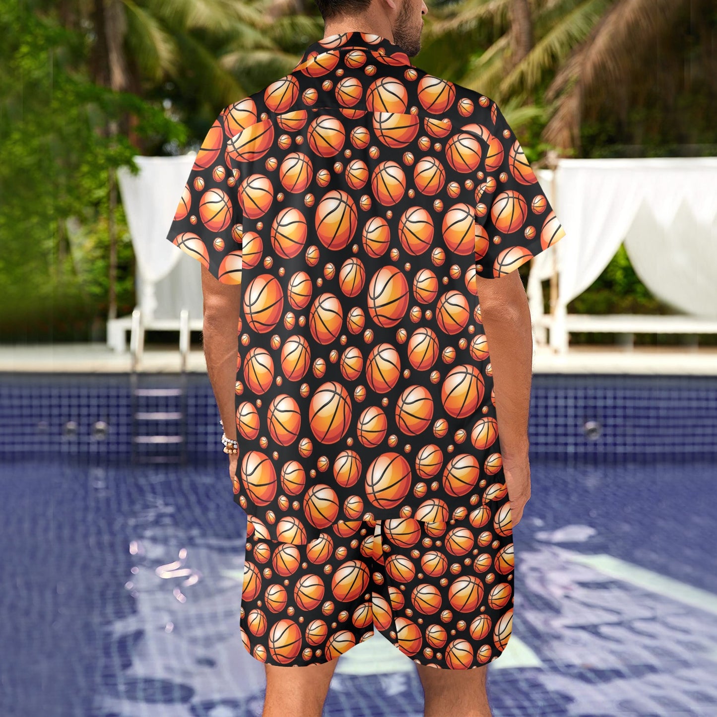 Basketball Black Background Pattern Men's Beach Shirt and Shorts Set