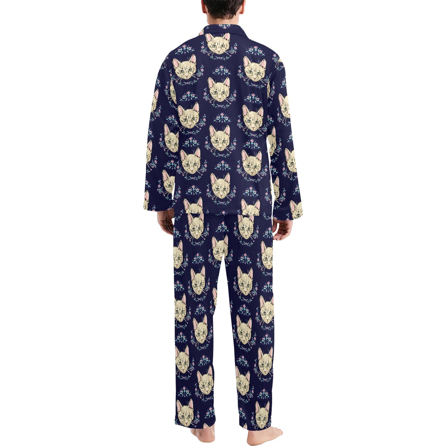Cat Head with flower Print Pattern Men's Long Pajama Set