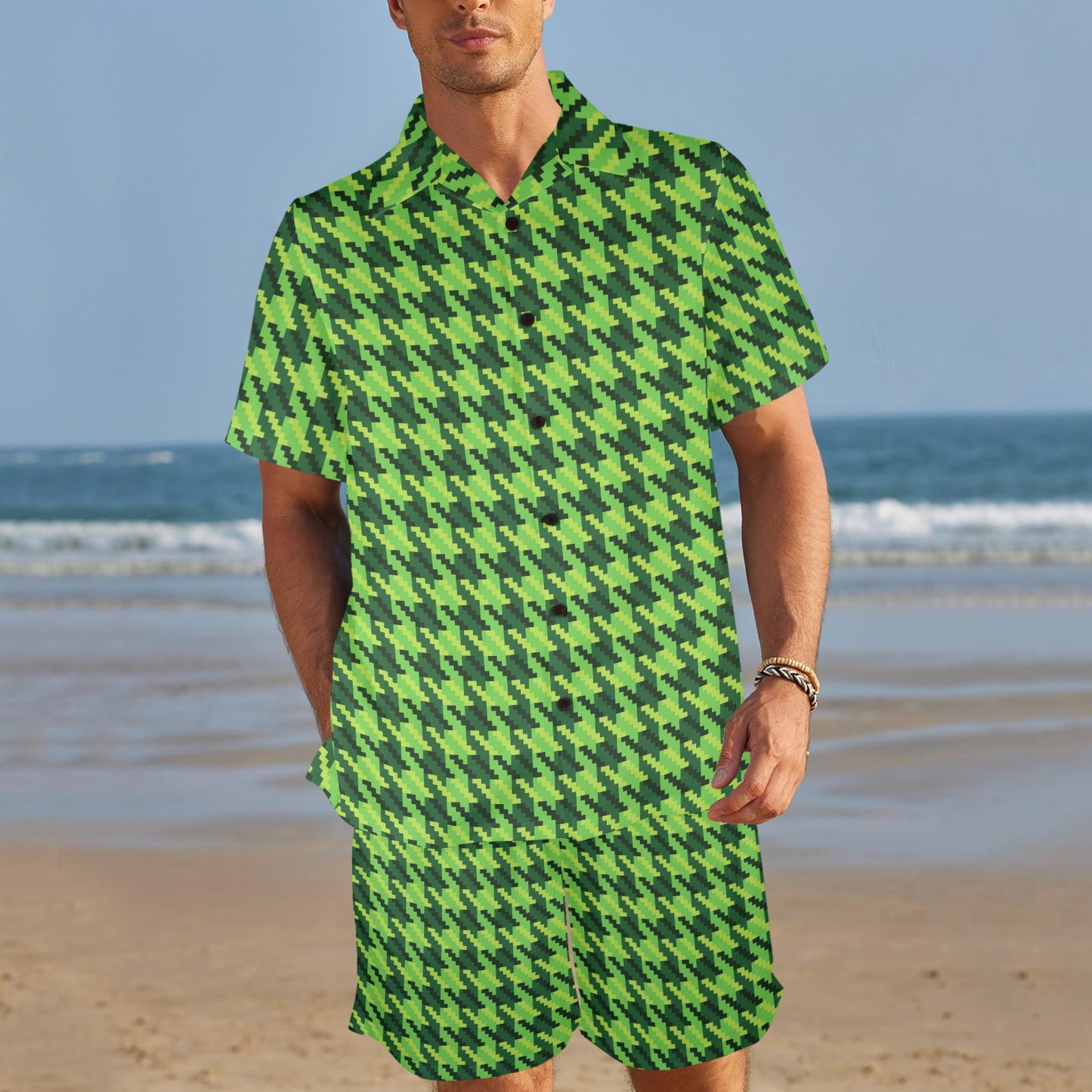 St Patricks Day Houndstooth Pattern Print LKS301 Men's Beach Shirt and Shorts Set