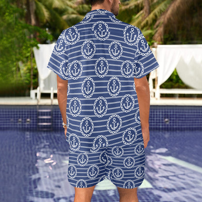 Anchor Stripe Pattern Men's Beach Shirt and Shorts Set