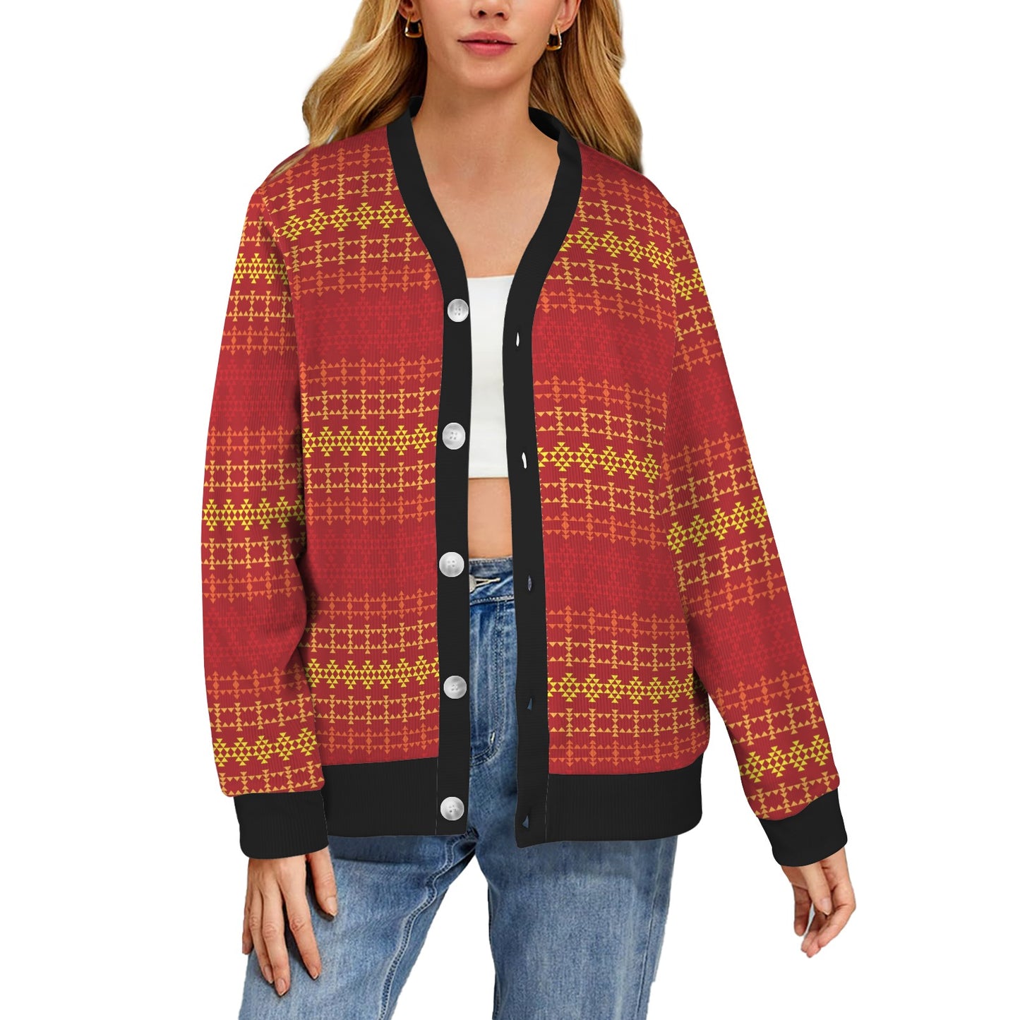 Southwest Red Gold Design Themed Print Women's Cardigan