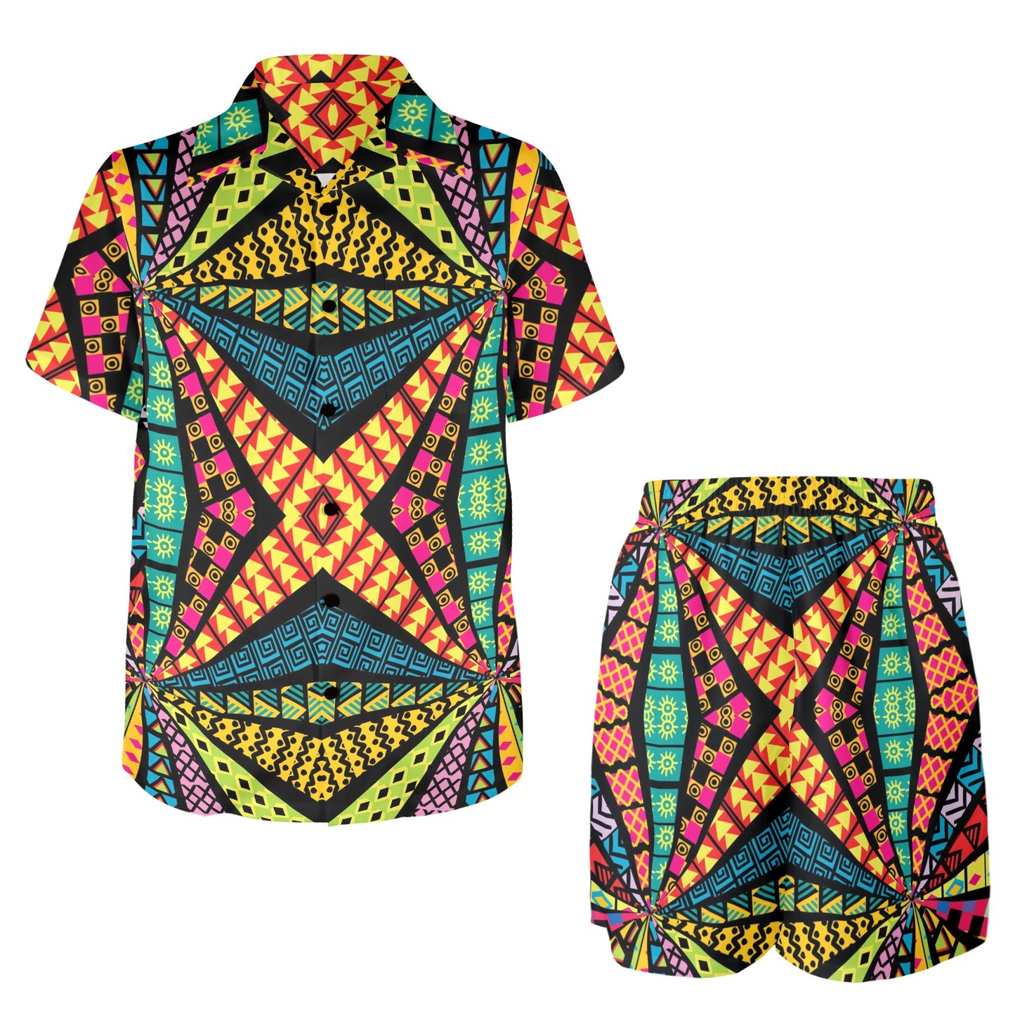 Kaleidoscope Pattern Print Design 05 Men's Beach Shirt and Shorts Set
