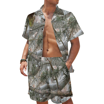 Camo Realistic Tree Forest Pattern Men's Beach Shirt and Shorts Set