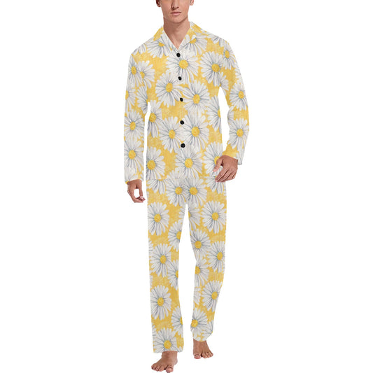 Daisy Yellow Watercolor Print Pattern Men's Long Pajama Set
