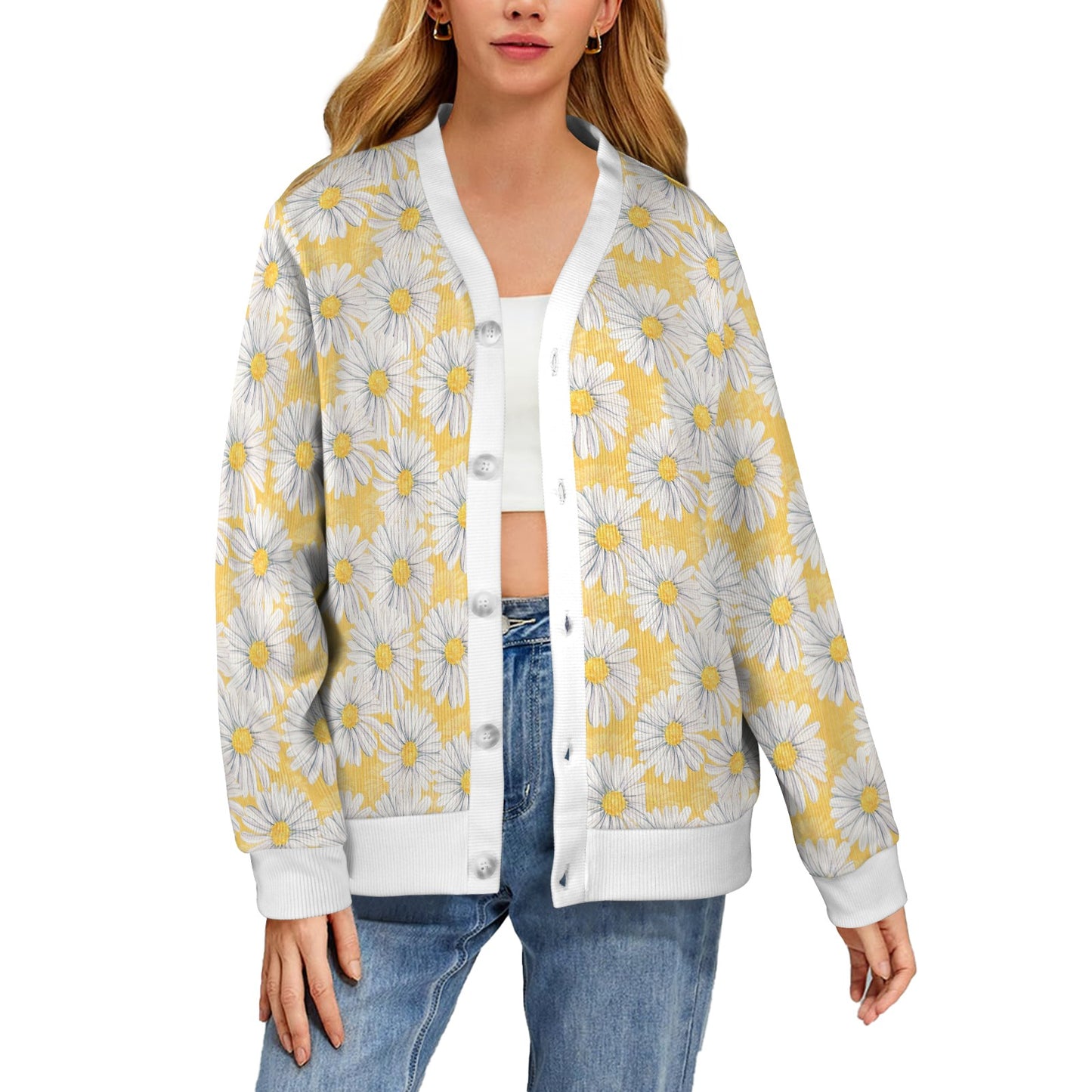 Daisy Yellow Watercolor Print Pattern Women's Cardigan