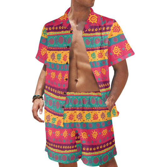 Ethnic Design Print Pattern JJ0134 Men's Beach Shirt and Shorts Set