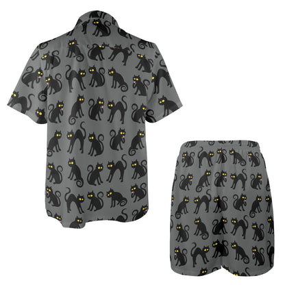 Black Cat Cute Print Pattern Men's Beach Shirt and Shorts Set