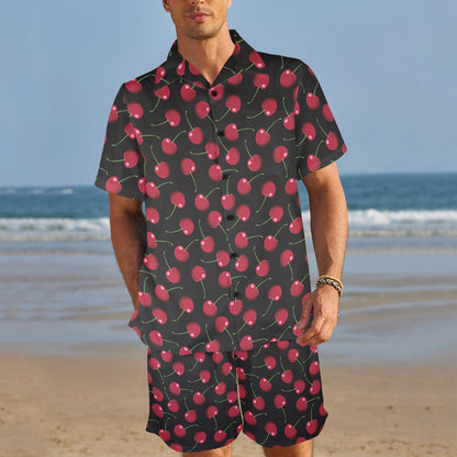 Cherry Black Background Men's Beach Shirt and Shorts Set