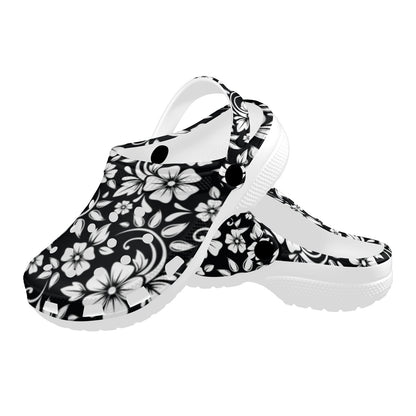 Floral Black White Themed Print Unisex Clogs Shoes