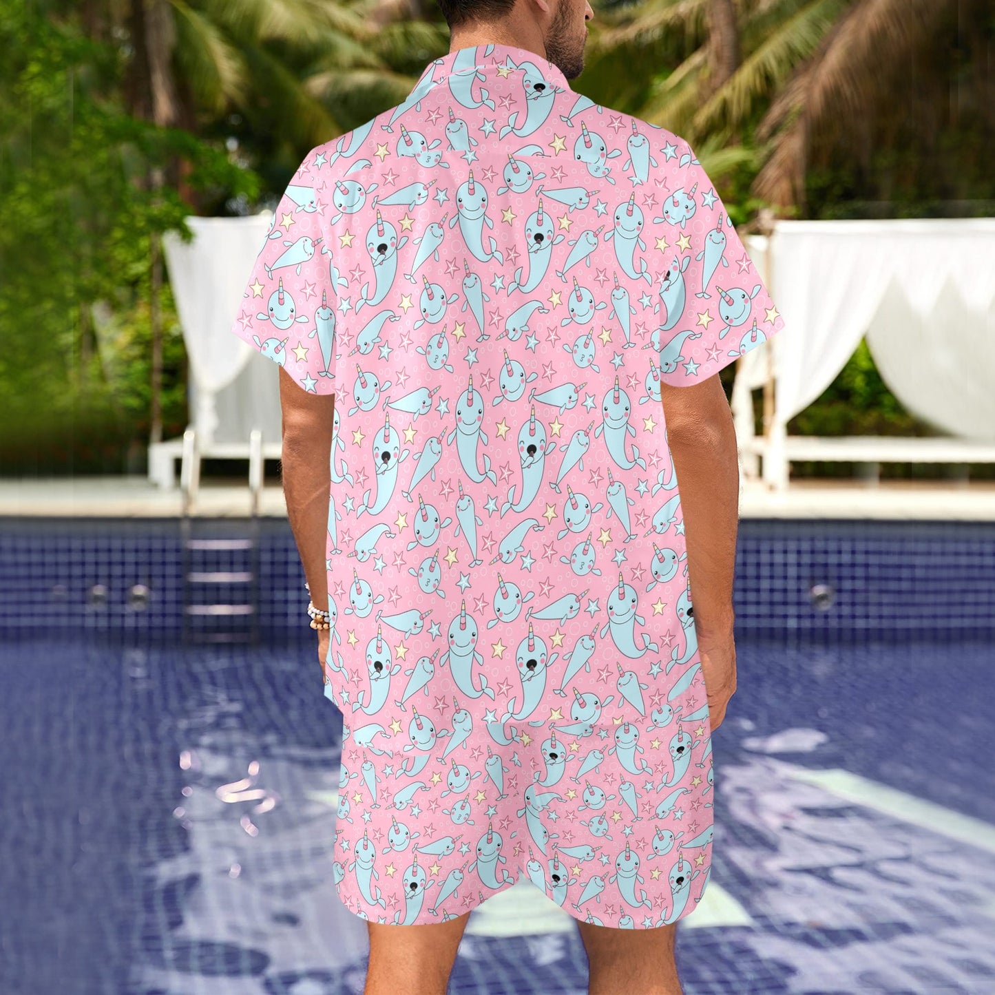 Narwhal Cartoon Cute Print Men's Beach Shirt and Shorts Set