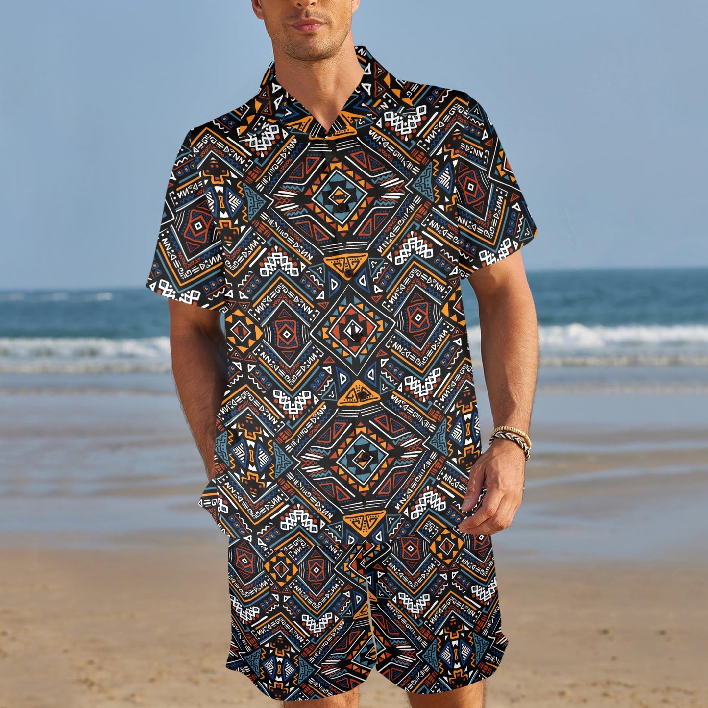 African Kente Print v2 Men's Beach Shirt and Shorts Set