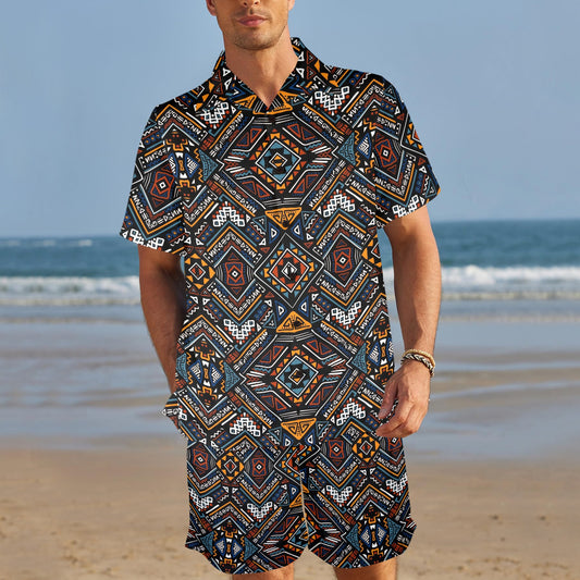 African Kente Print v2 Men's Beach Shirt and Shorts Set