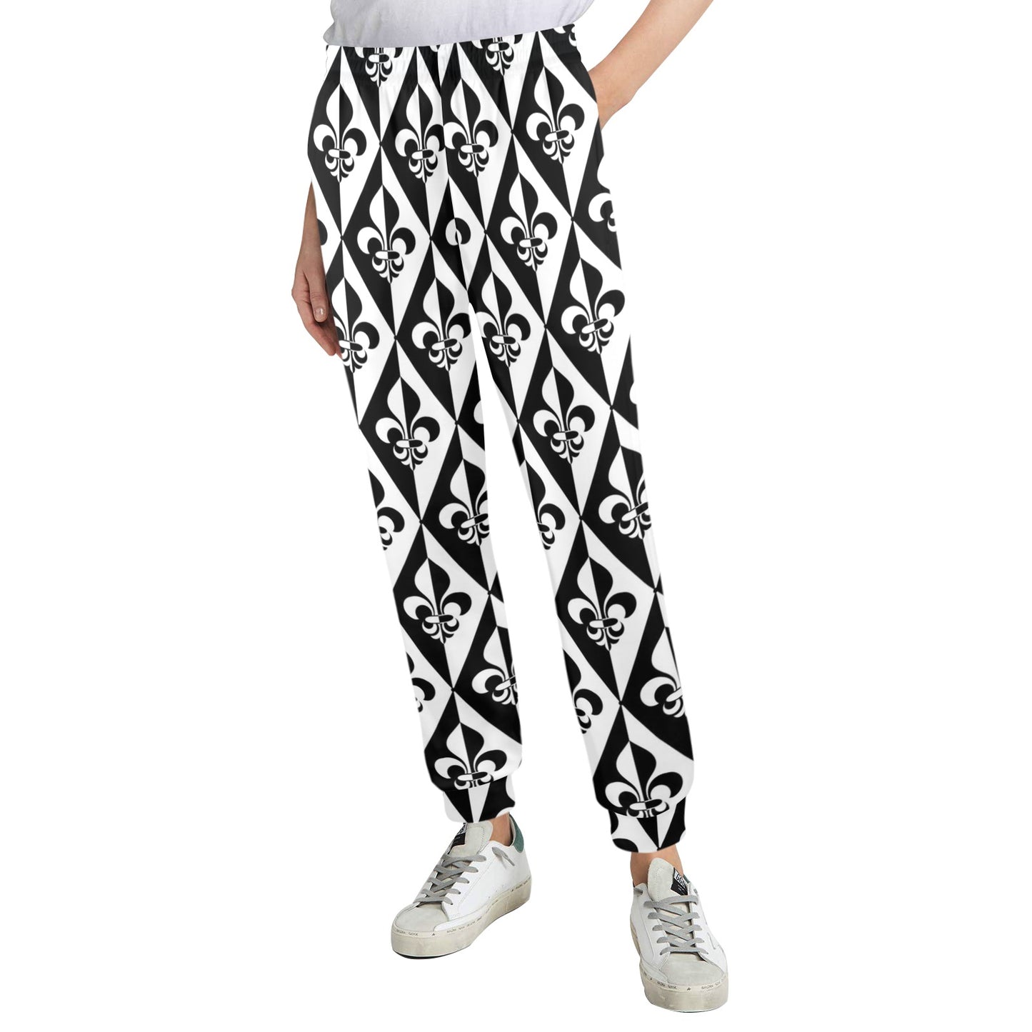 Fleur De Lis Black White Pattern Print Design 02 Women's Casual Track Pants