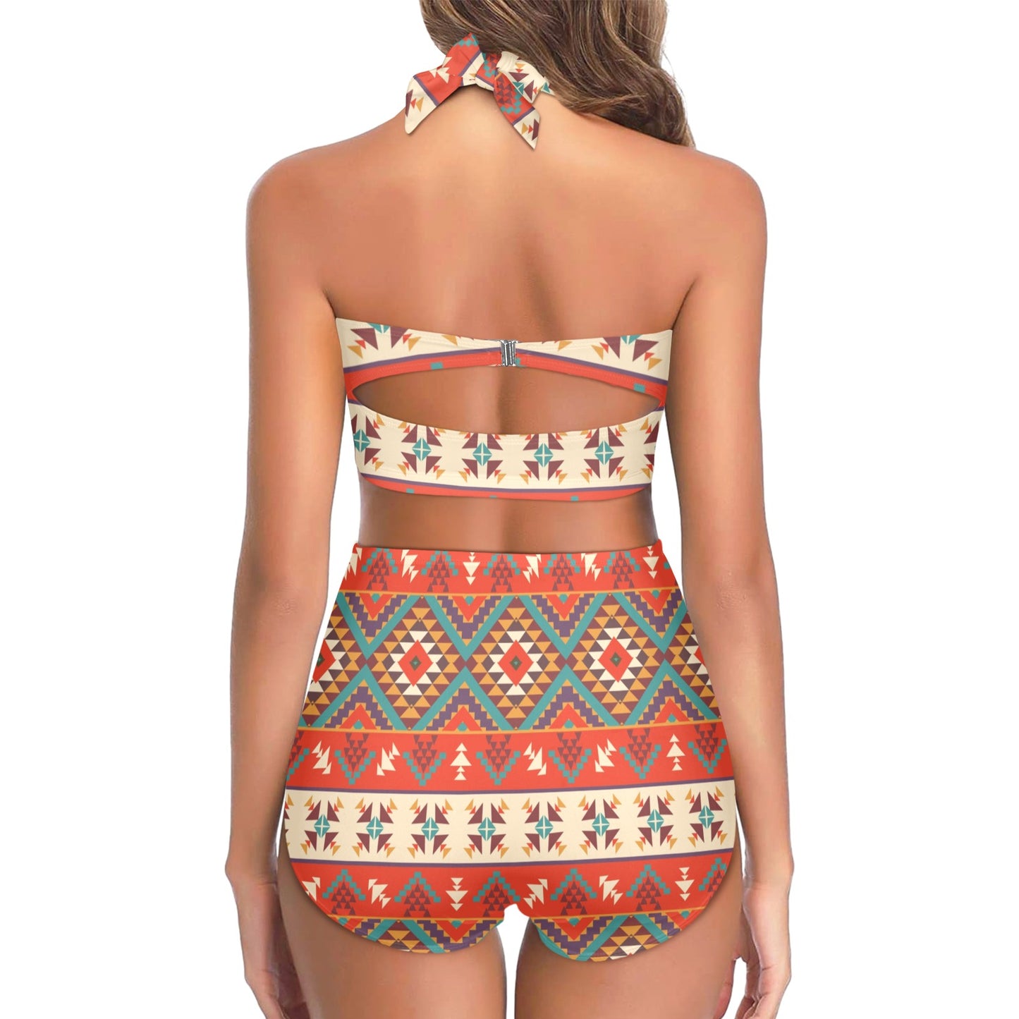 Aztec Red Print Pattern Halter Neck Bikini Swimsuit