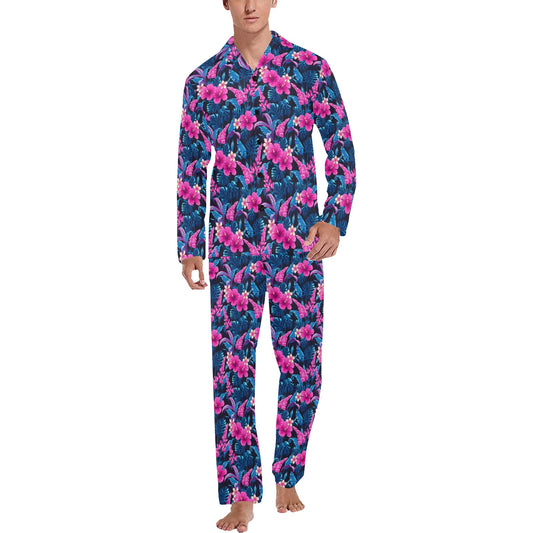 Tropical Folower Pink Themed Print Men's Long Pajama Set
