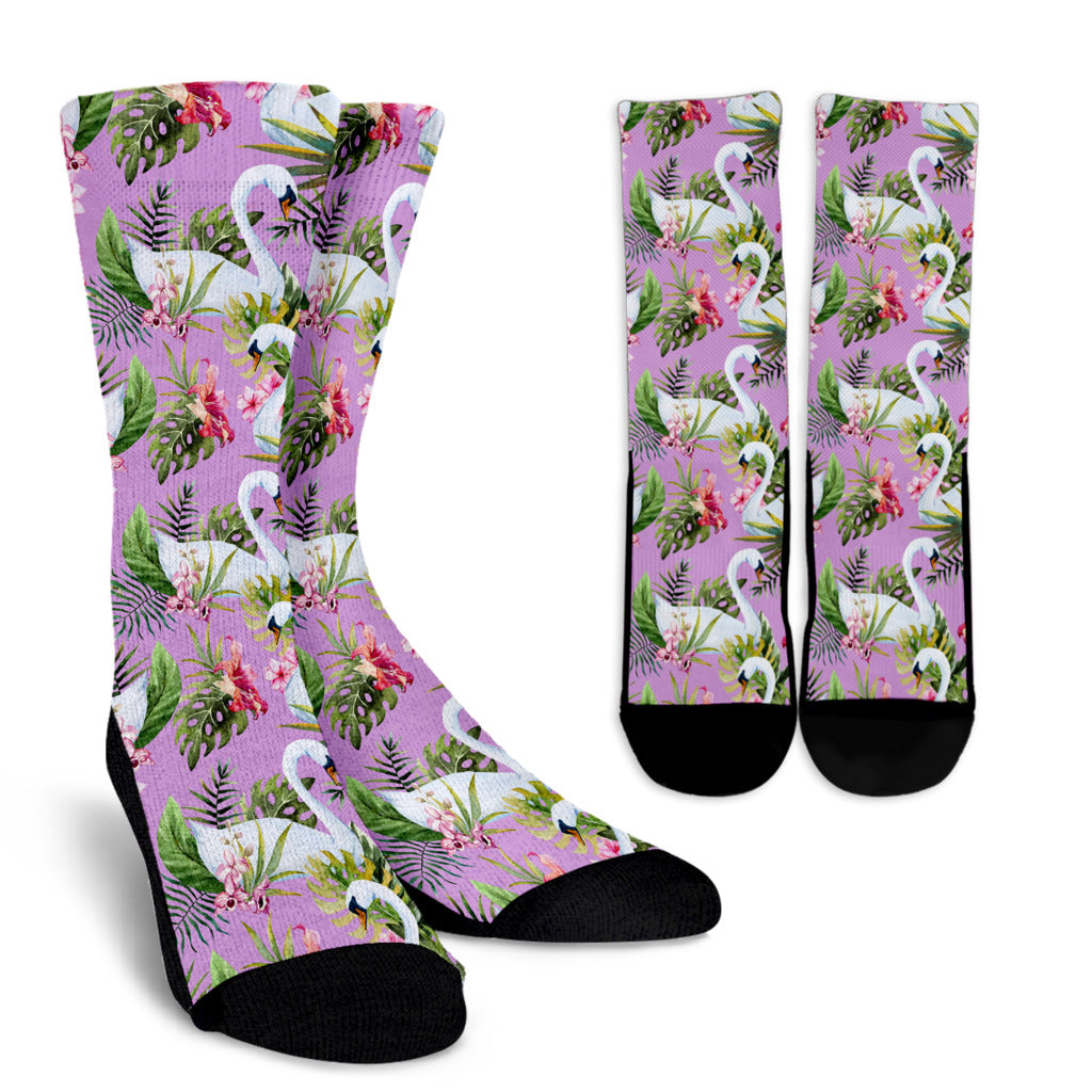 Swan with Flower Pattern Print Design 01 Crew Socks
