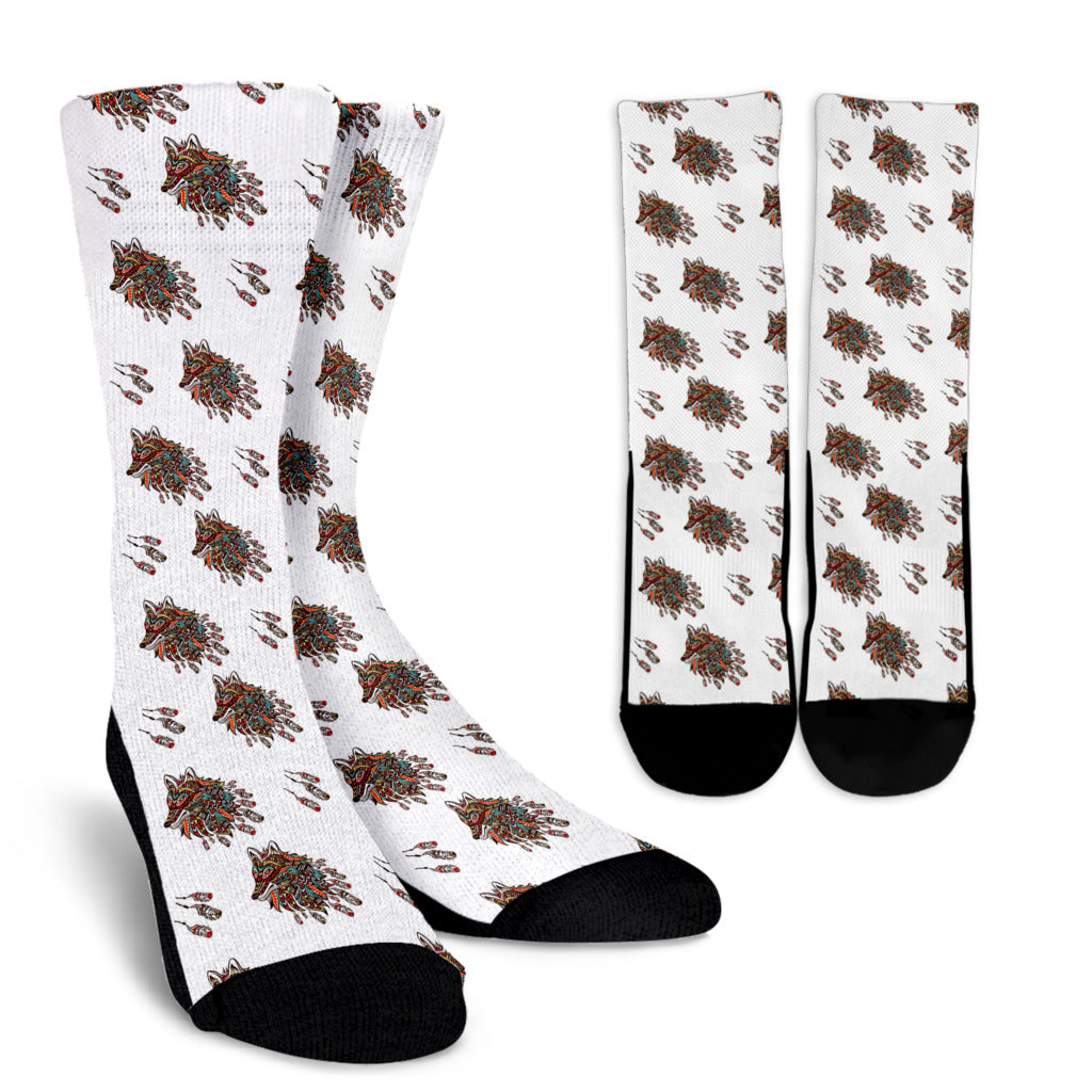 Aztec Wolf Pattern Print Design 02 Crew Socks