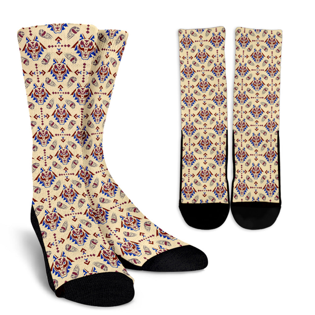 Aztec Wolf Pattern Print Design 03 Crew Socks