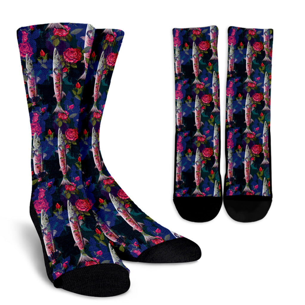 Barracuda with Folwer Pattern Print Design 01 Crew Socks