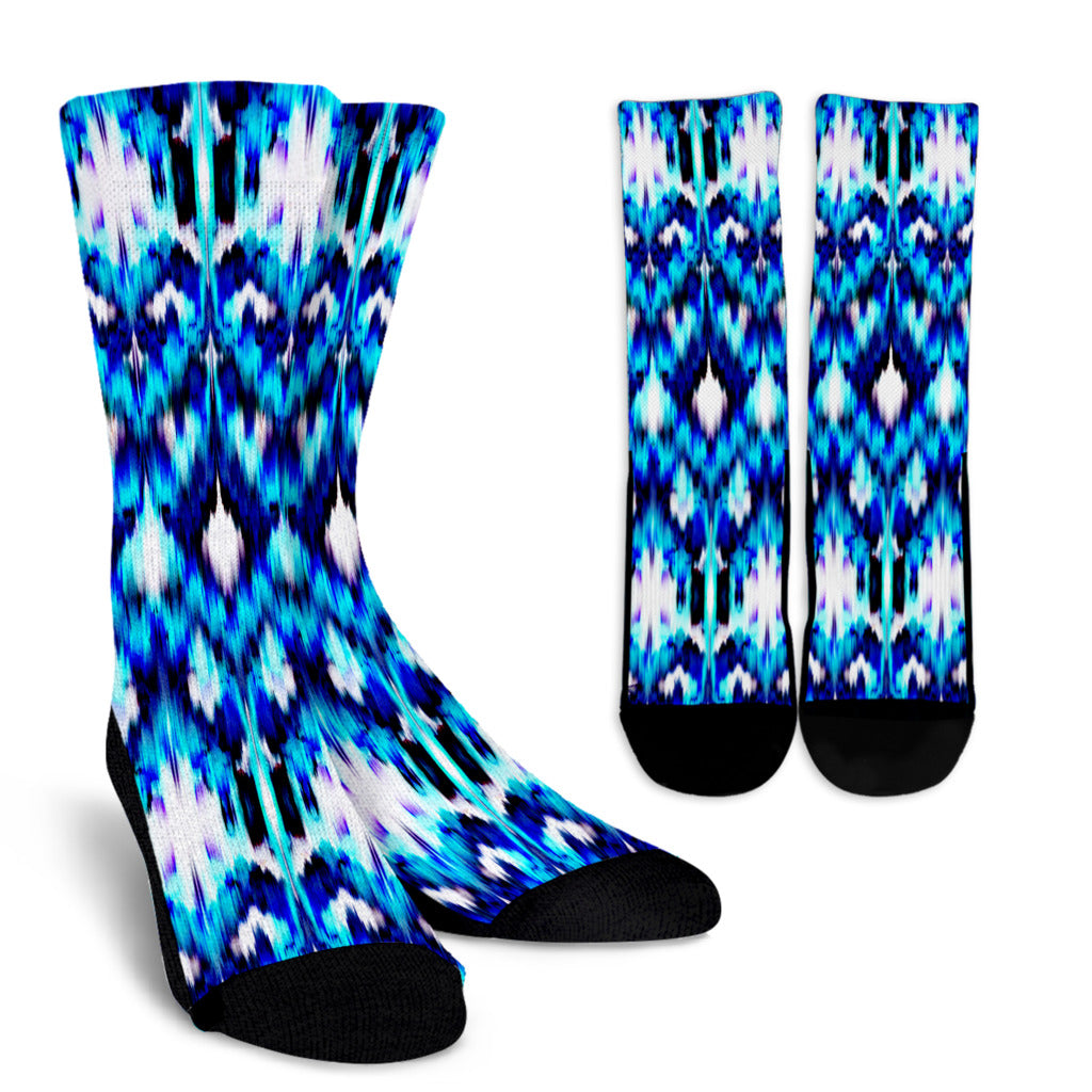 Ikat Blue Pattern Print Design 01 Crew Socks