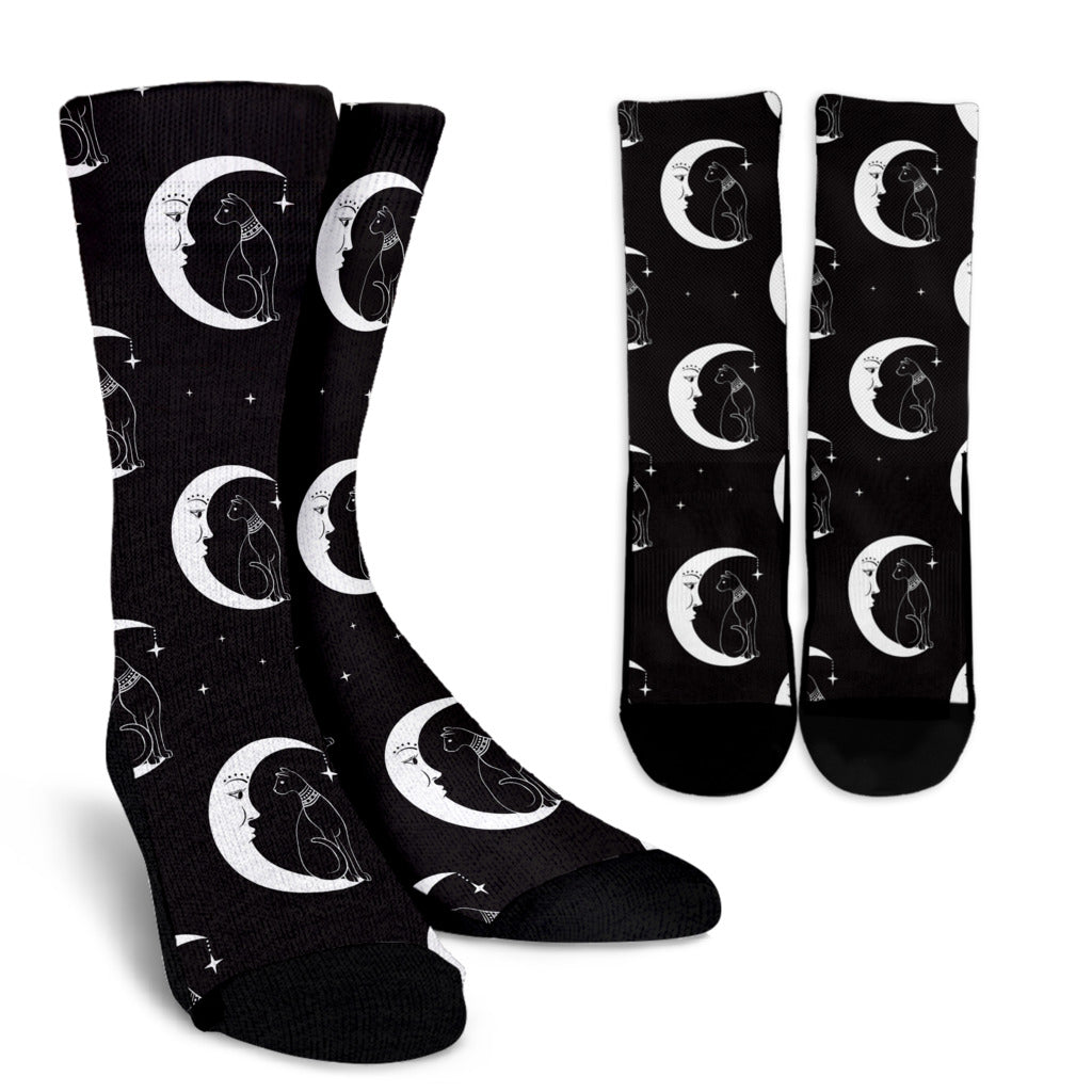 Moon with Cat Pattern Print Design 04 Crew Socks