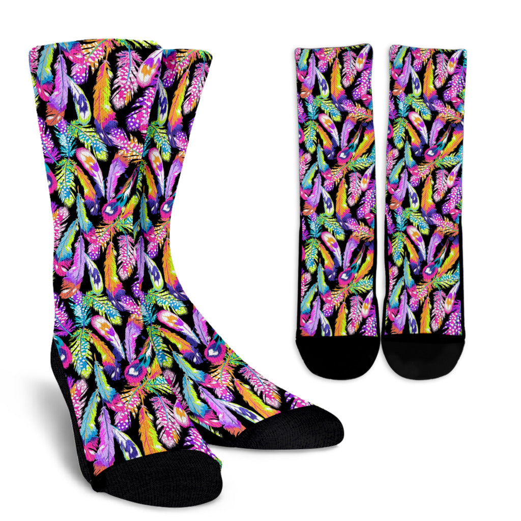 Neon Feather Pattern Print Design A02 Crew Socks
