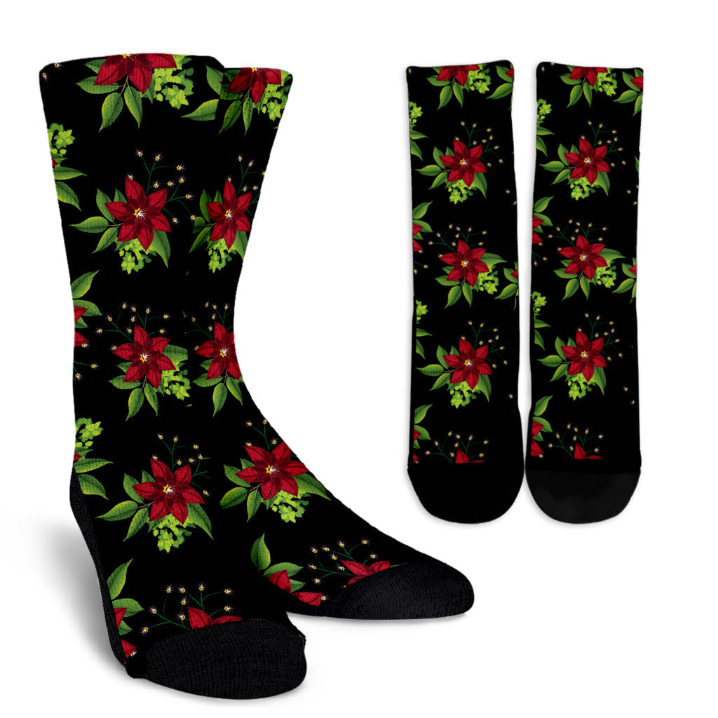 Poinsettia Pattern Print Design A01 Crew Socks