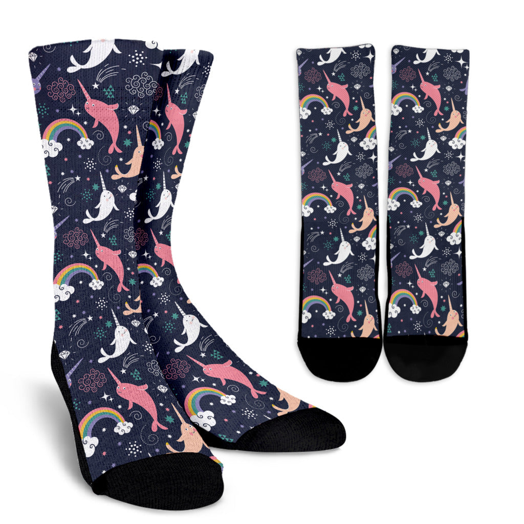 Narwhal Pattern Print Design 01 Crew Socks