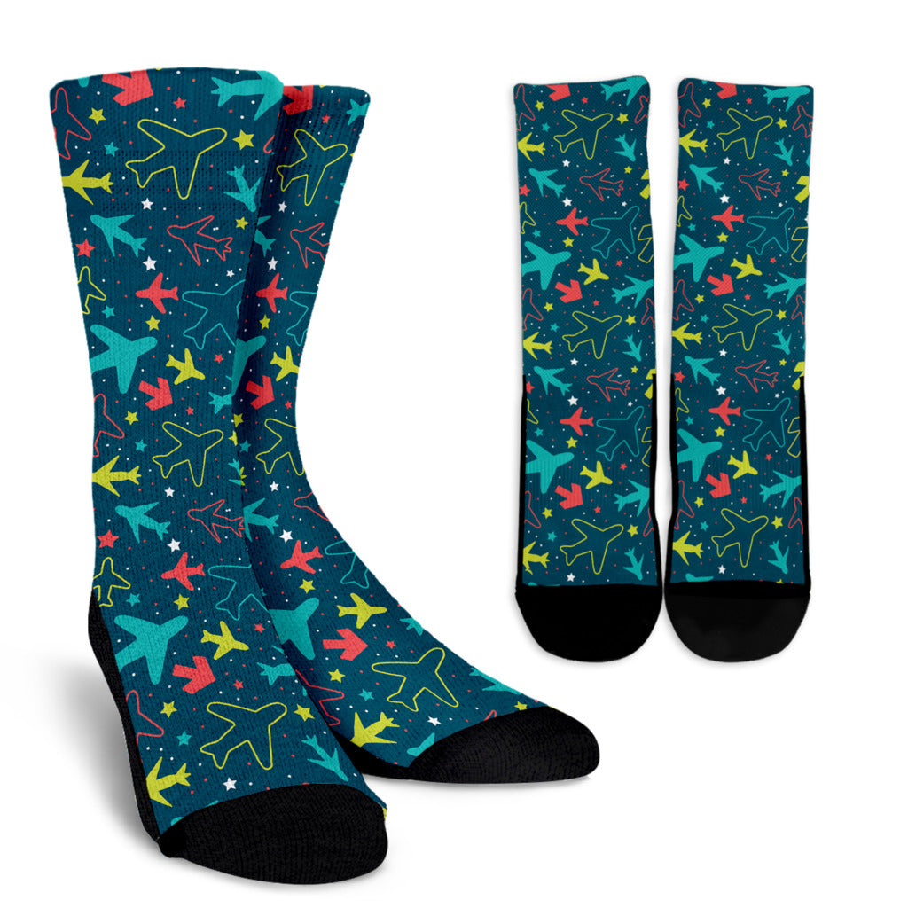 Airplane Pattern Print Design 05 Crew Socks