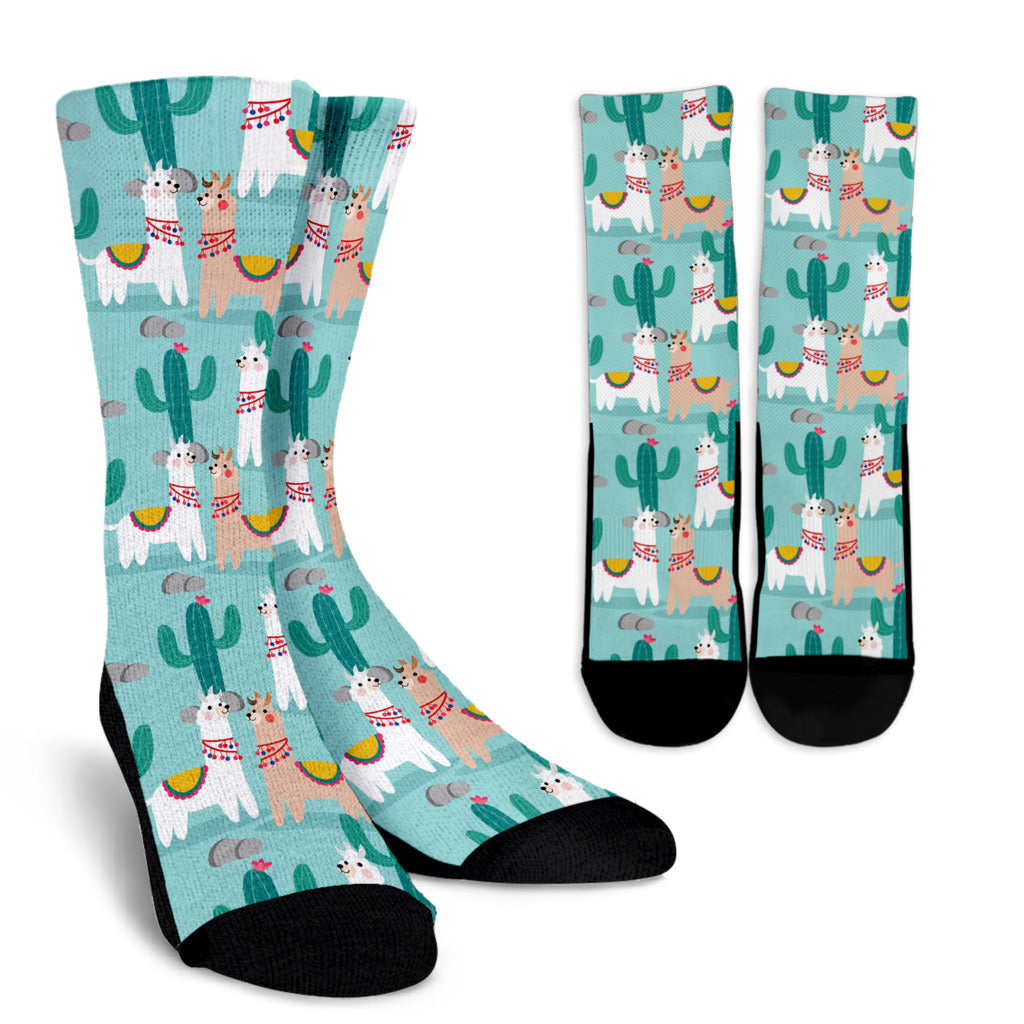 Llama Cactus Pattern Print Design 08 Crew Socks