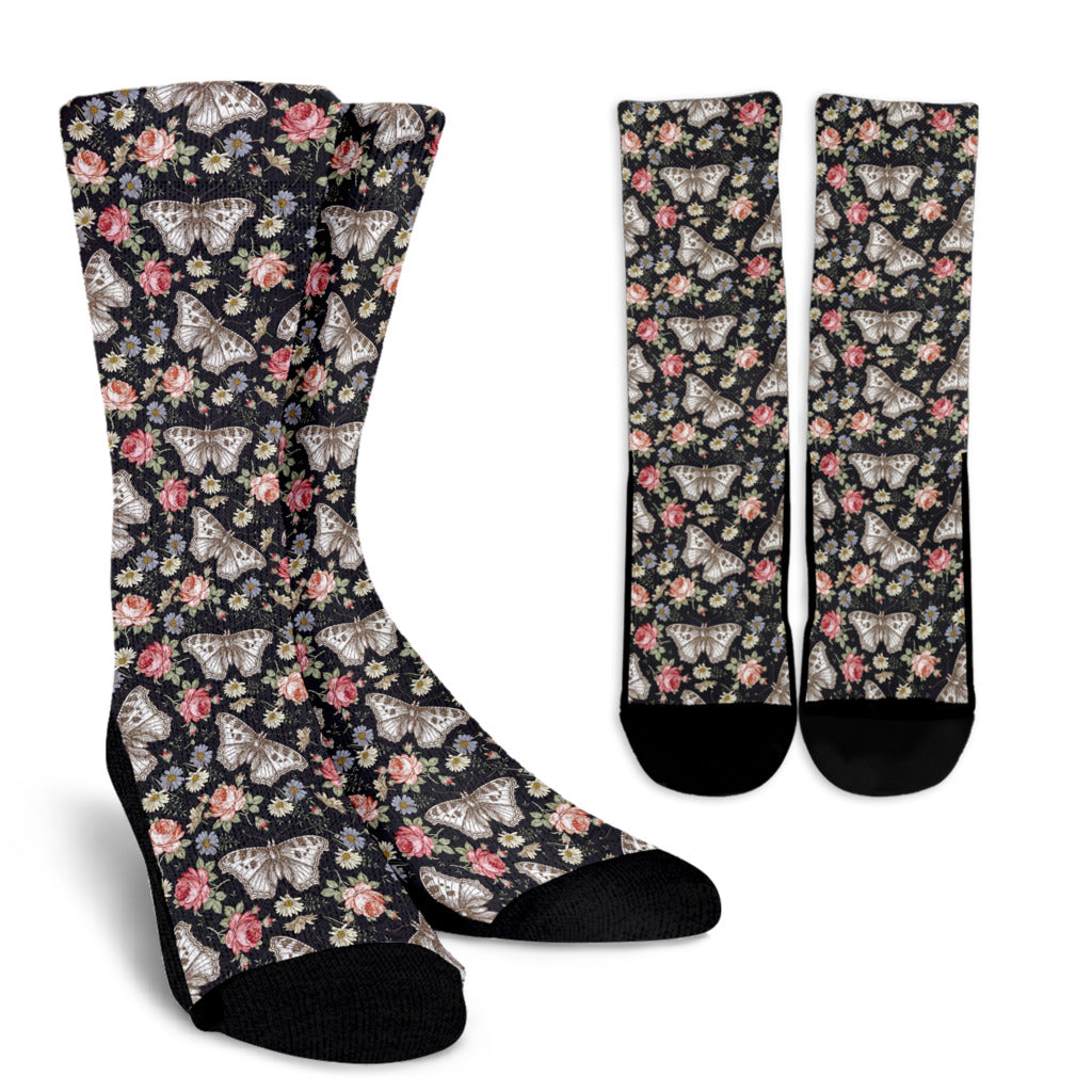 Butterfly Flower Pattern Print Design 07 Crew Socks