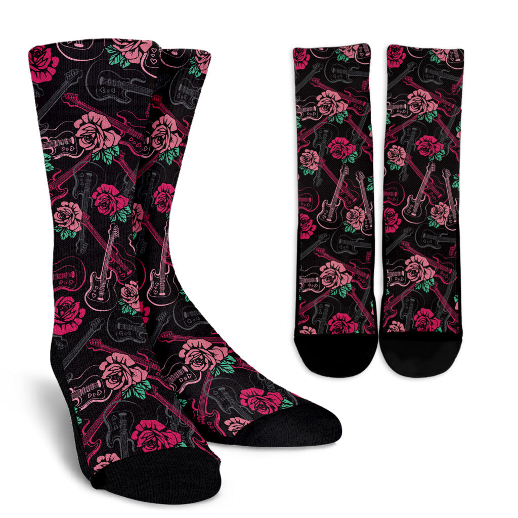 Bass Guitar Pink Rose Pattern Print Design 01 Crew Socks