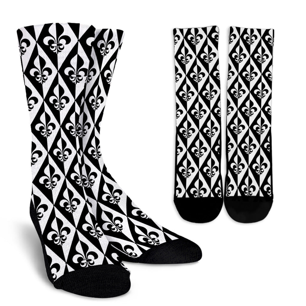 Fleur De Lis Black White Pattern Print Design 02 Crew Socks