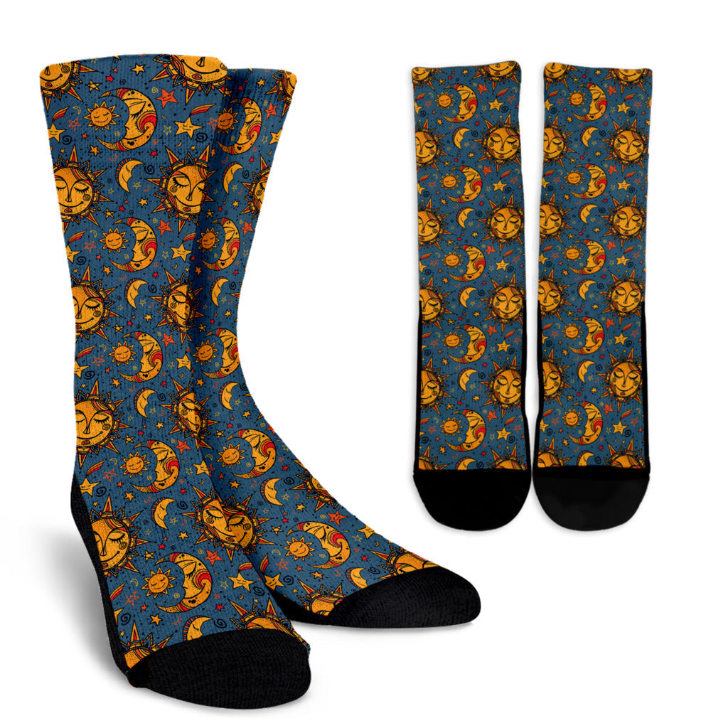 Celestial Moon Sun Pattern Print Design 02 Crew Socks
