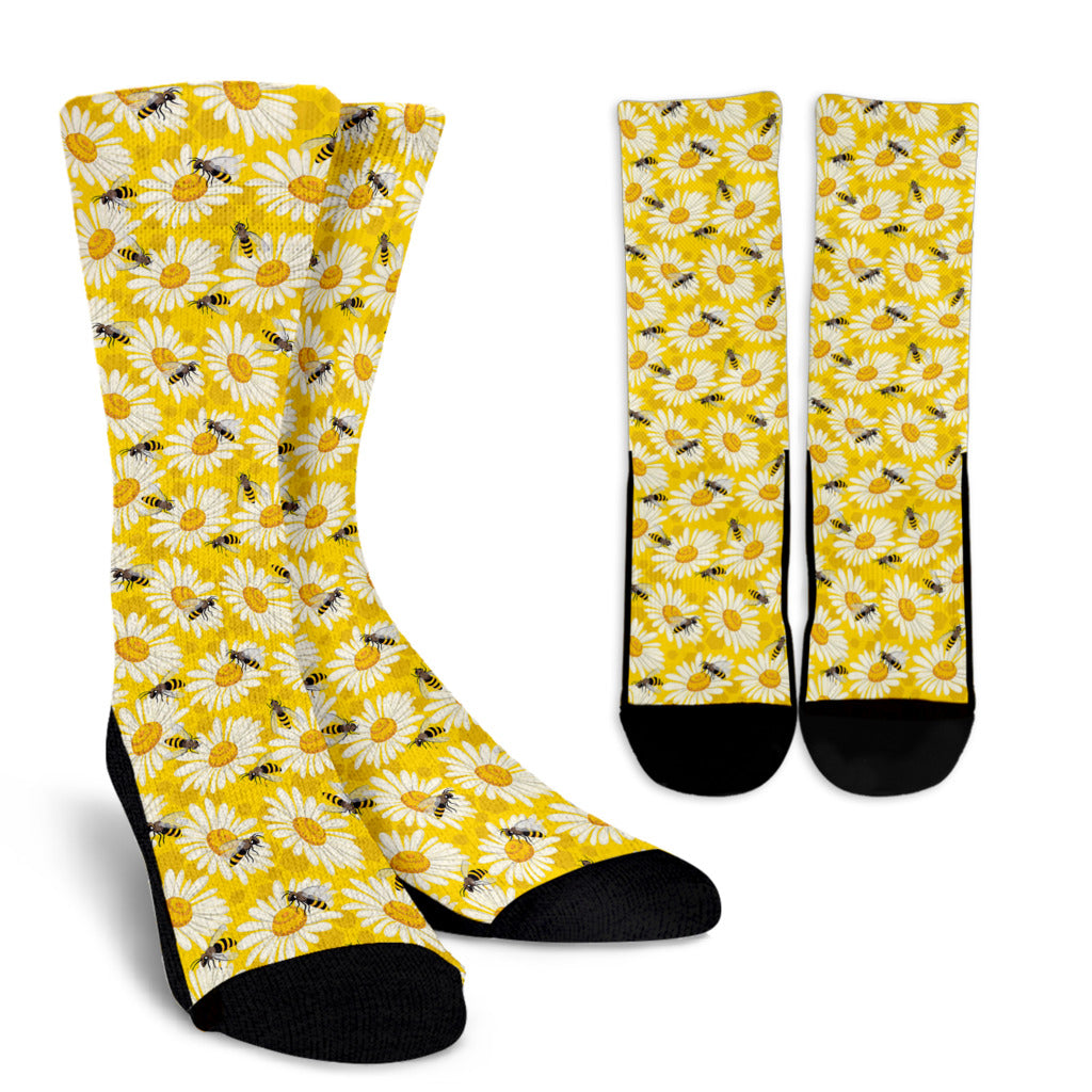 Bee Daisy Pattern Print Design 06 Crew Socks
