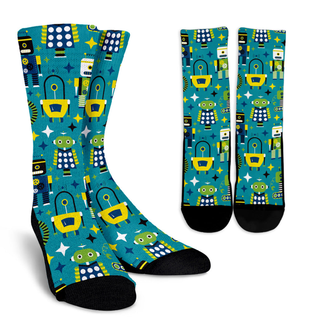 Robot Pattern Print Design A02 Crew Socks