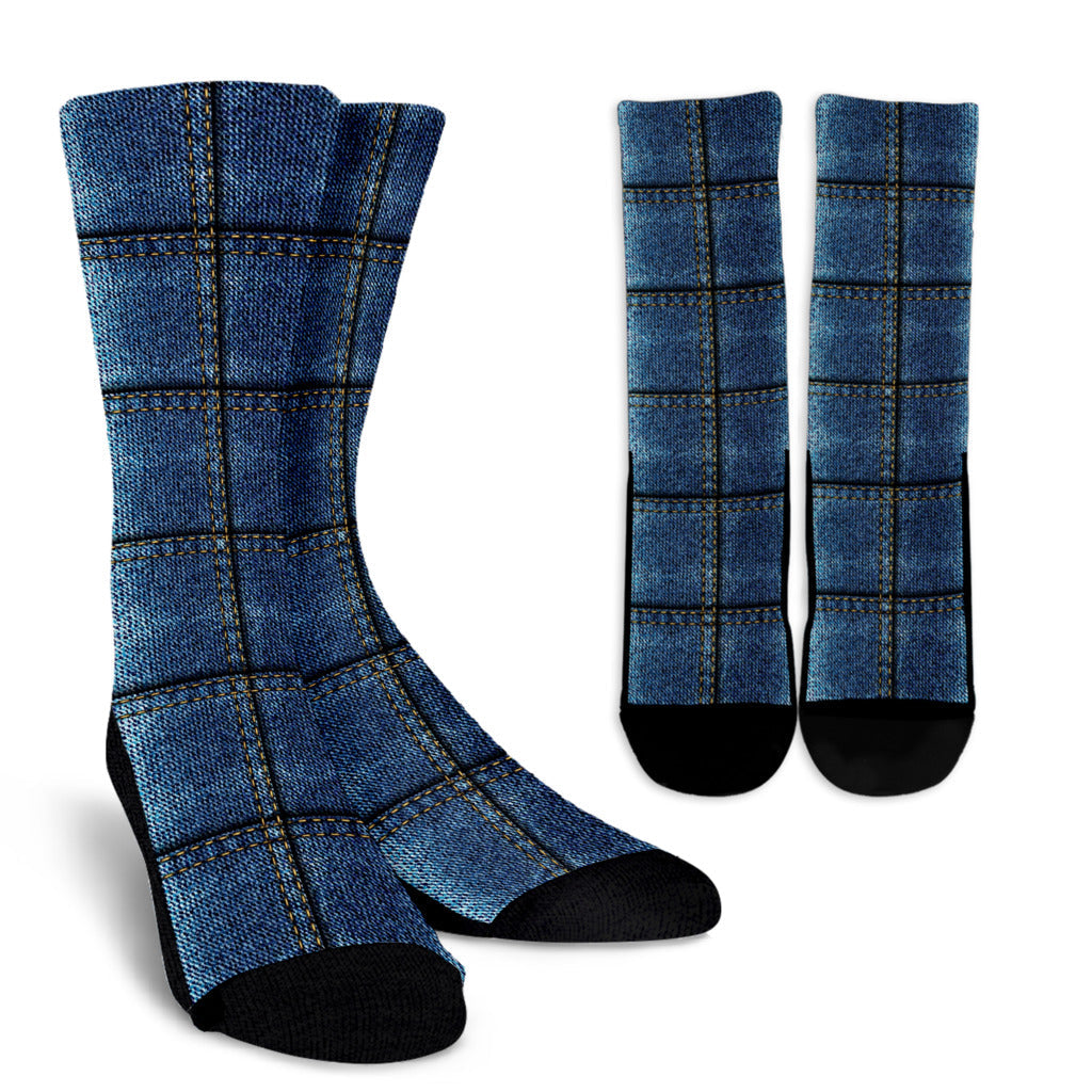 Jean Patchwork Pattern Print Design 02 Crew Socks