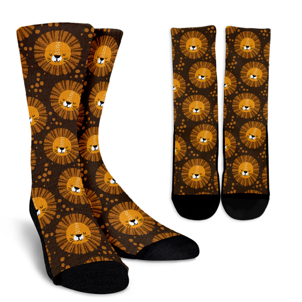 Lion Cartoon Pattern Print Design 01 Crew Socks