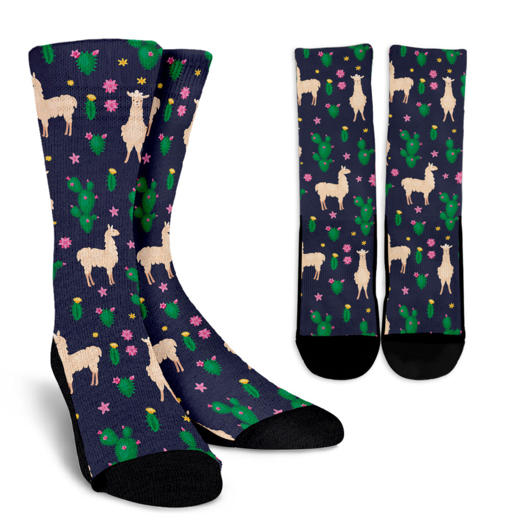 Llama Cactus Pattern Print Design 012 Crew Socks