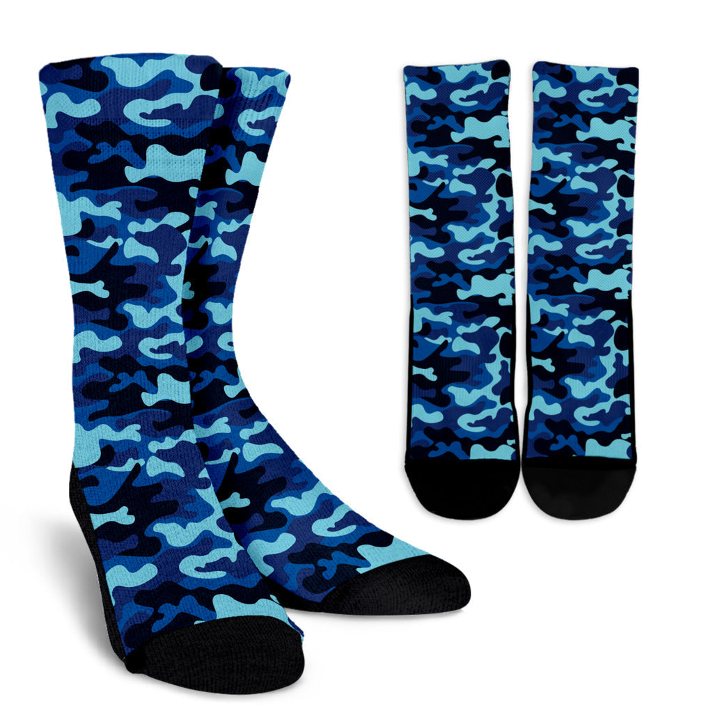 Camo Blue Pattern Print Design 04 Crew Socks
