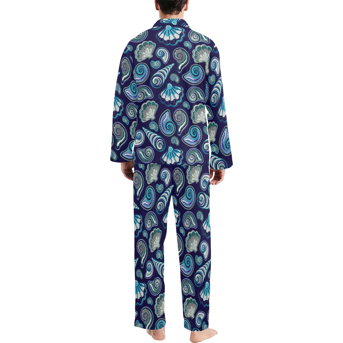 Beach Seashell Blue Print Men's Long Pajama Set
