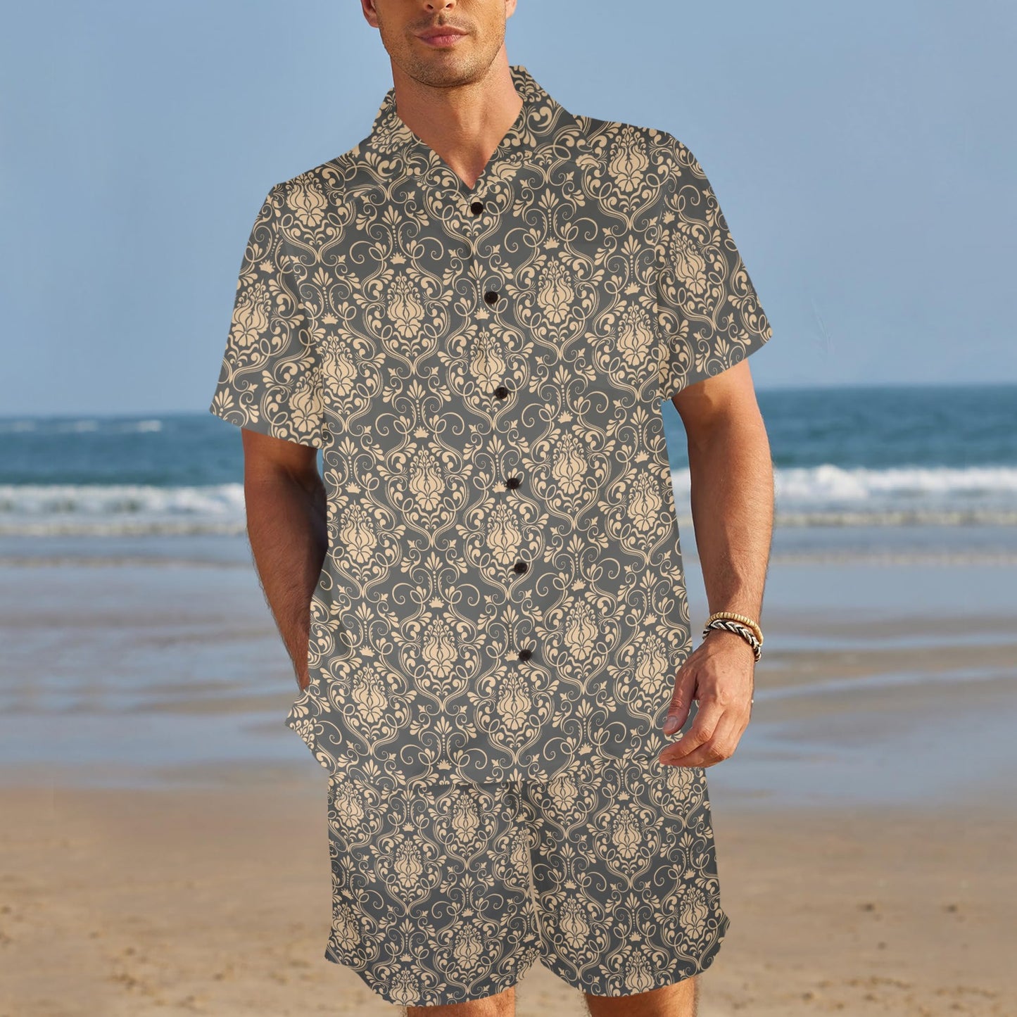 Damask Elegant Luxury Print Pattern Men's Beach Shirt and Shorts Set